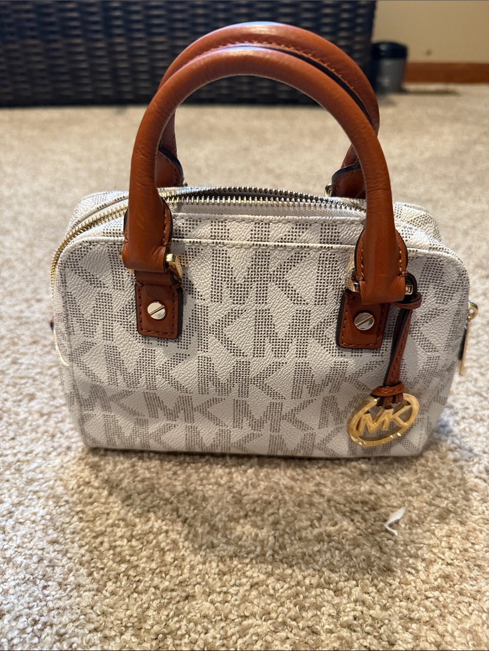 Michael Kors Cream Logo Mini Satchel with Brown Leather Handles